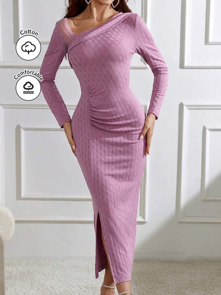 Ladies' Fashionable Solid Color Mesh Splicing Pleated Dress Long Evening Dresses