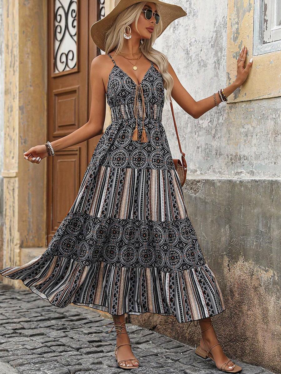 SHEIN Holidaya Đầm Maxi In Cổ Chữ V, Thắt Eo, Dây Buộc, Trang Phục Đi Biển Cho Nữ - Nhiều màu - Xem 1