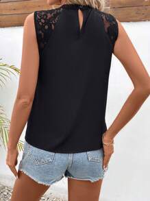 SHEIN LUNE Women's Stand Collar Lace Patchwork Sleeveless Blouse