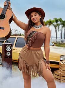 Flirla 加大尺碼無肩帶背心,有流蘇,編織肩帶和多種配件 - 棕色 - 查看 3