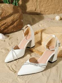 2025秋冬大码女式时尚尖头粗跟高跟鞋，性感休闲派对细高跟鞋，适合工作和购物，绑带装饰凉鞋，春夏款，白色水钻点缀情人节款，优雅女式高跟鞋，优雅 - 白色 - 查看 3
