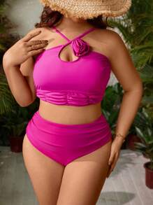 SHEIN Swim Curve 大尺碼純色3d花朵剪裁比基尼套裝 - 玫紅色 - 查看 1
