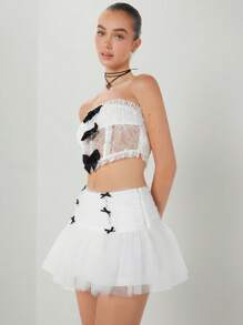 Enchnt 女士蝴蝶結裝飾褶皺網紗裙 - 白色 - 查看 4