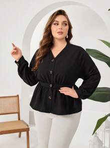 Mulvari Women's Plus Size Single-Breasted Long Sleeve Fashionable Shirt Fall Cloth For Women - Black - View 1