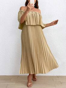 Flirla Women's Plus Size Off Shoulder Pleated Dress - Khaki - View 5