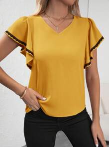 SHEIN Clasi Women's Contrast Color Lace Floral & Ruffle Hem Blouse,Short Sleeve Tops - Yellow - View 3