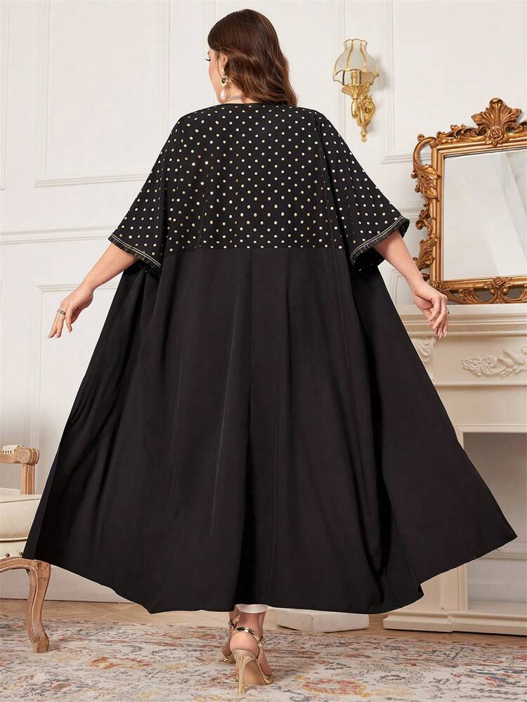 Plus Size Polka Dot Print Patchwork Woven Tape Jacket Abayas