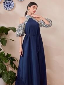 Al Najma Women's Cold Shoulder Patchwork Lantern Sleeve Dress - Blue - View 6
