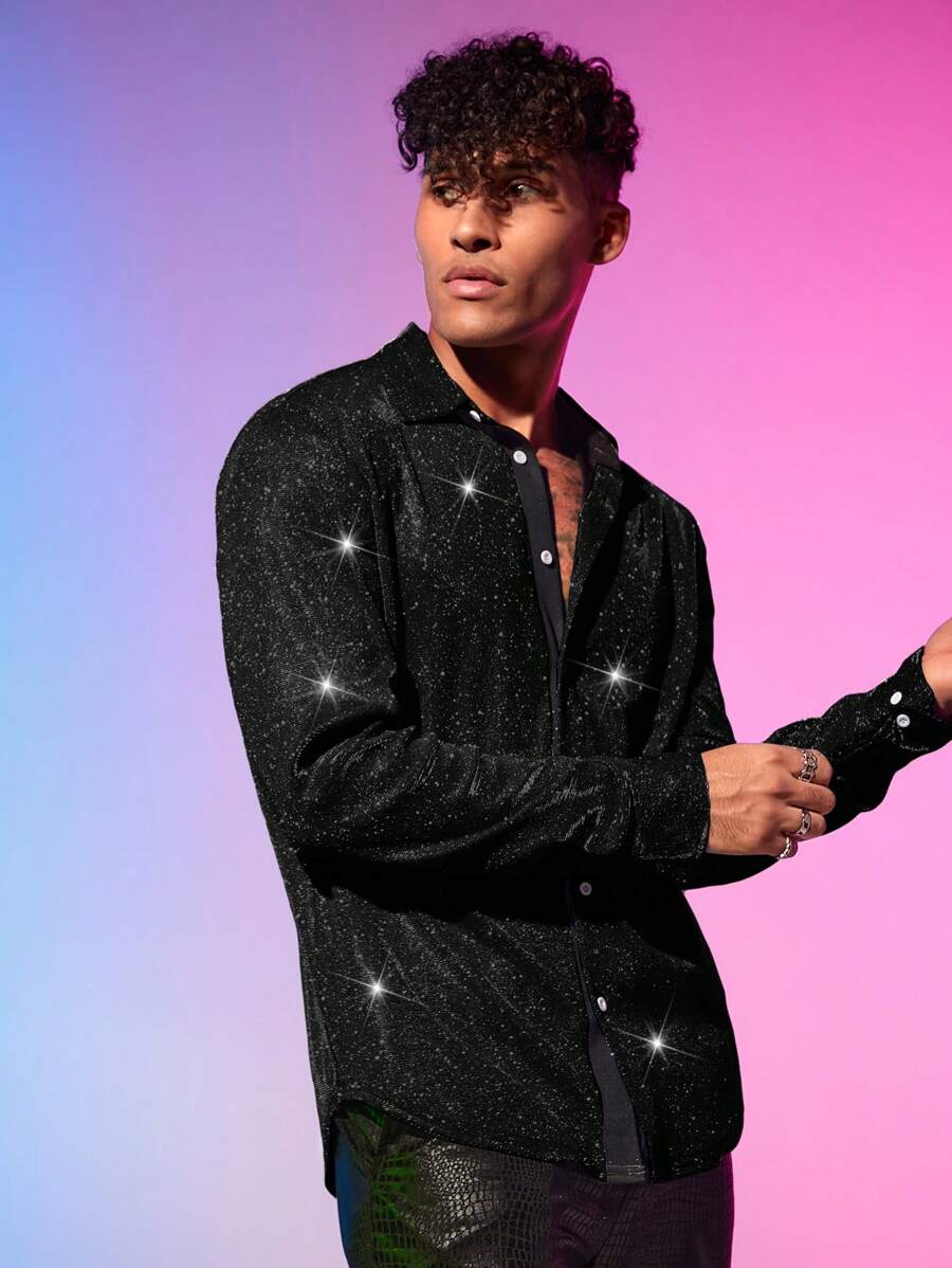 Manfinity Fever City Men Long Sleeve Shiny Sequin Shirt, Fall - Black - View 1