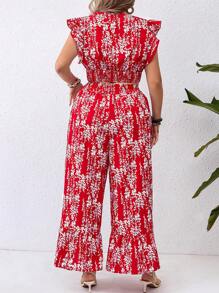 SHEIN Clasi Plus Size Floral Printed V-Neck Ruffle Trim Top And Loose Wide Leg Pants For New Year Clothes - Red - View 2