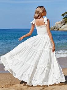 EURMUSE White Shirred Eyelet Embroidery Sleeveless Dress - White - View 2