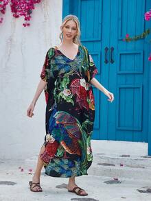 Women's Holiday Style Printed Short Sleeve Beach Cover Up Summer - Multicolor - View 3
