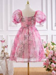 SHEIN Váy in hoa tay bèo organza thanh lịch dành cho bé gái tuổi teen, thích hợp cho kỳ nghỉ, biểu diễn, đám cưới, tiệc tùng, mọi mùa - Hồng - Xem 2