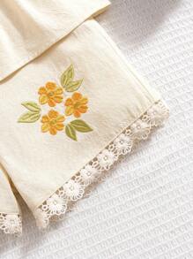 SHEIN 少女刺繡編織圓領上衣和寬腿短褲套裝 - 杏色 - 查看 3