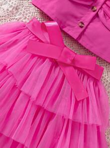 SHEIN Glamorique Kids 年輕女孩的蝴蝶結細節背心上衣和網紗裙2件組