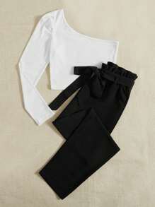 SHEIN LUNE Women Two-piece Outfits Berikat Paper Bag Pants Blok Warna Casual - Hitam dan Putih - View 3