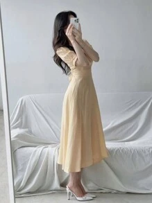 DAZY Solid Color Sweetheart Neckline Elastic Waist Casual Dress Sundress - Yellow - View 4