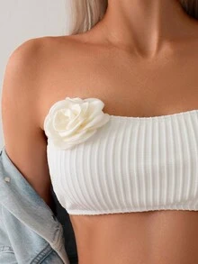 Conjunto de bikini con decoración de flor 3D texturizada de unicolor, para playa de verano - Blanco - Ver 5
