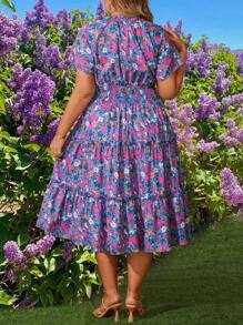 Plus Size Women's Full Floral Print Wrapped Waist Midi Dress Maxi Women Outfit - Multicolor - View 2