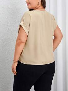 SHEIN Privé 米色春夏優雅日常通勤緞面圓領大尺碼女士襯衫 - 卡其色 - 查看 2