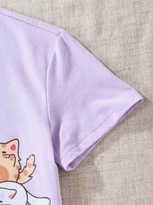 Camiseta roxa de manga curta com gola redonda para meninas adolescentes, com estampa de gato fofo, roupas casuais para uso diário - Roxo - Visão 7