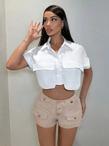 SHEIN SXY Solid Color Casual Cargo Shorts - Khaki - View 5