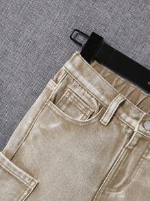 SHEIN Young Boy Multi-Pocket Straight Leg Washed Khaki Denim Jeans,For Spring And Summer - Khaki - View 5