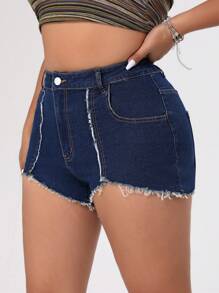 SHEIN ICON Pantalones Cortos De Mezclilla Ajustados De Talla Grande Con Dobladillo Deshilachado