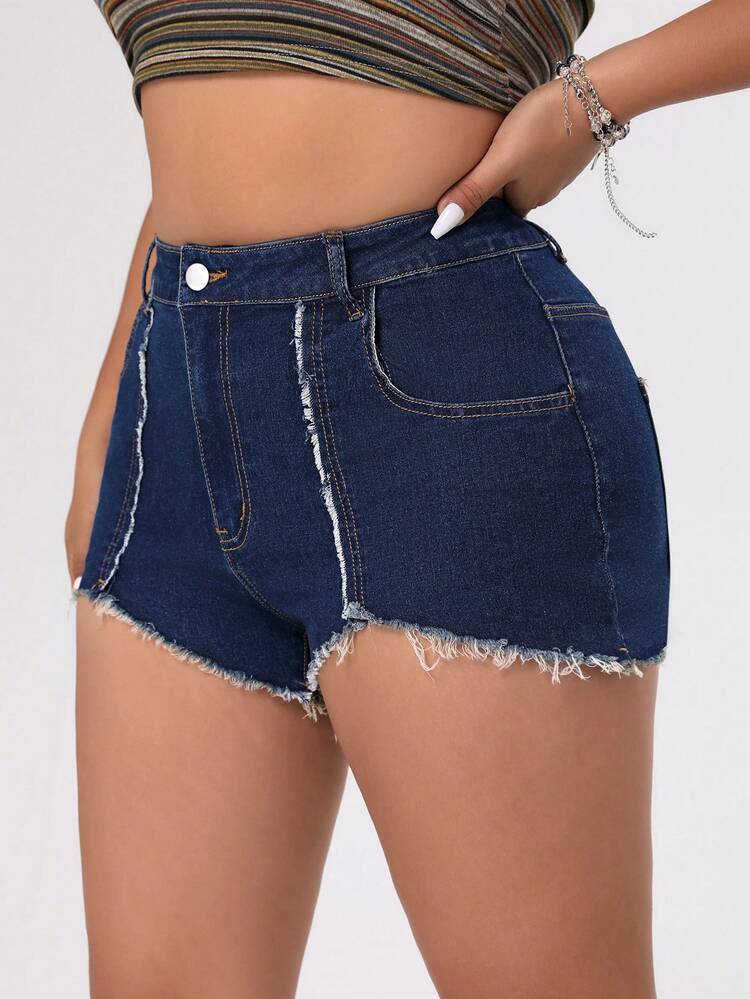 Plus Size Slim Fit Mini Denim Shorts With Frayed Hem