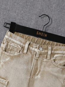 SHEIN Young Boy Multi-Pocket Straight Leg Washed Khaki Denim Jeans,For Spring And Summer - Khaki - View 4