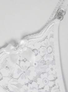 Elorette Lencería sexy tanga de G con encaje floral, strass y lazo delantero - Blanco - Ver 5