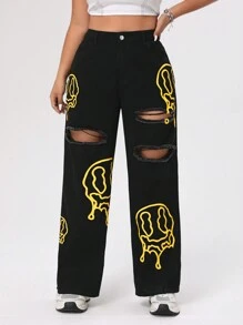 SHEIN ICON Plus Size Straight Leg Boyfriend Jeans With Printed Emoticons And Distressed Details - Black - View 1