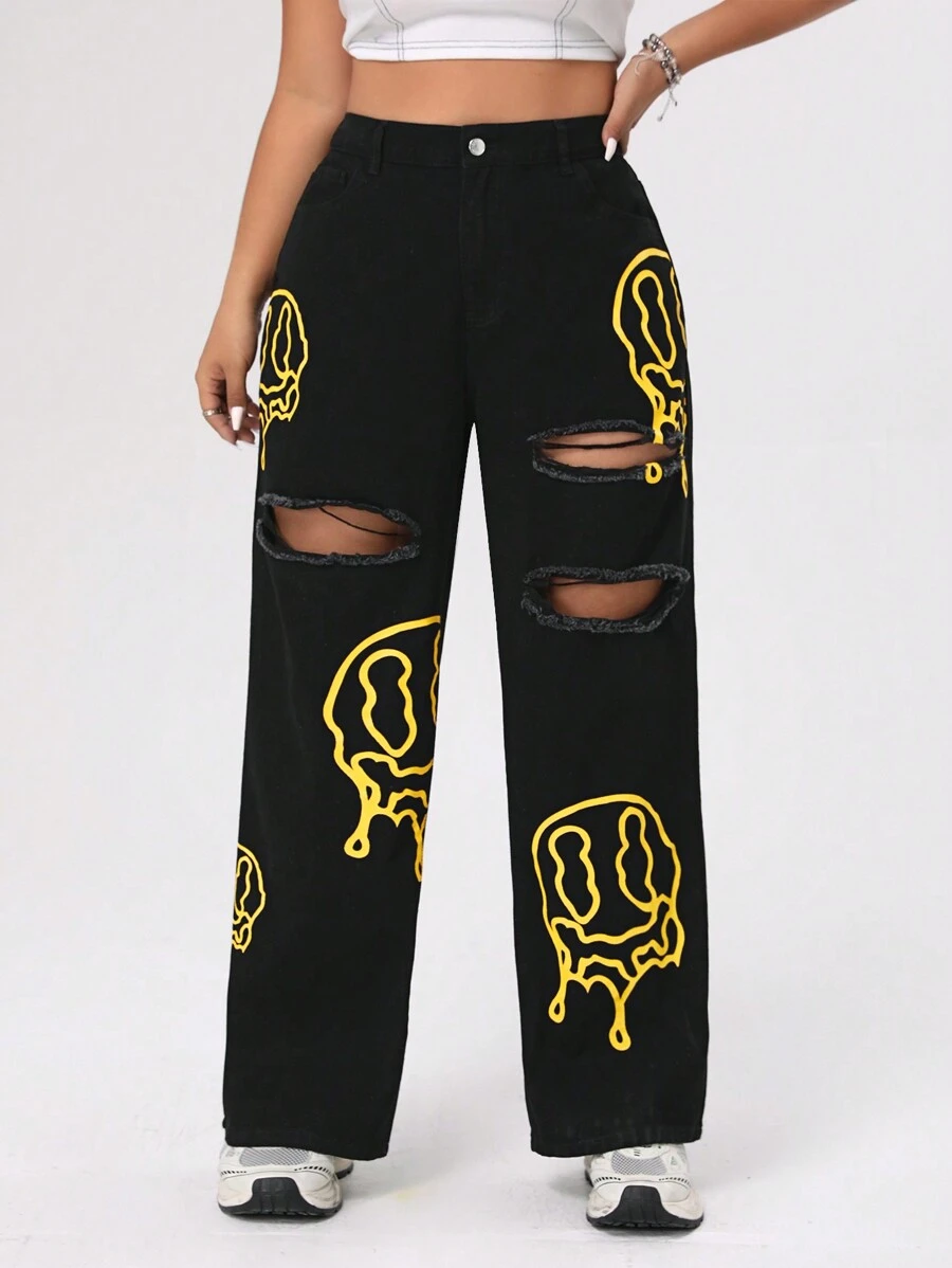 SHEIN ICON Plus Size Straight Leg Boyfriend Jeans With Printed Emoticons And Distressed Details - Black - View 1