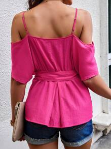 SHEIN LUNE Blusa De Tirantes Con Hombros Descubiertos Y Lazo De Envoltura Sólido Para Mujer - Rosa Fucsia - Ver 2