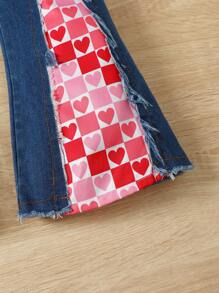 SHEIN Young Girl's Letter Print Flare Sleeve Top & Heart Patchwork Flare Denim Pants Set