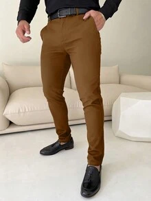 Manfinity Mode Nam Màu thuần Thẳng Quần Với Được xây dựng trong Túi khóa kéo - Đồng - Xem 3