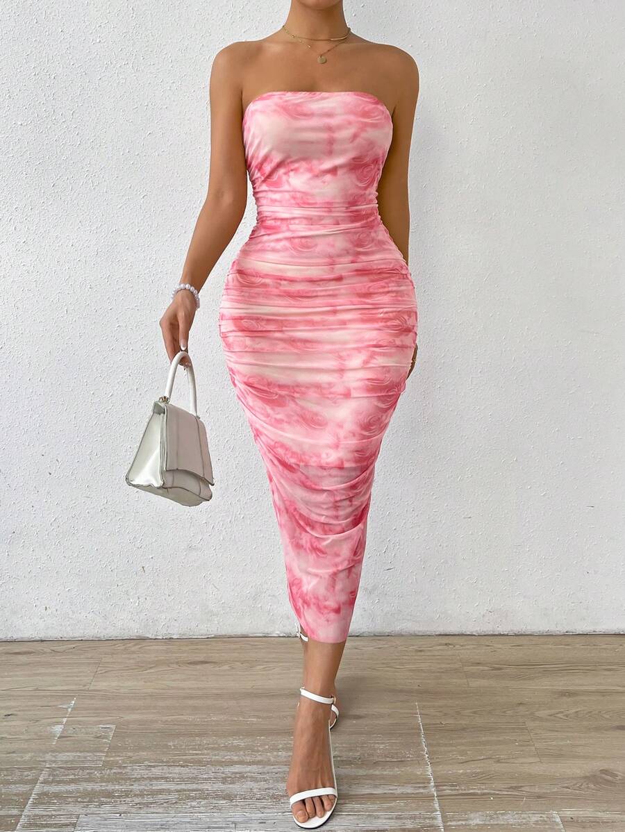 Chiquease Women's Floral Printed Ruffle Design Bodycon Strapless Dress Maxi Women Outfit - Pink - View 1