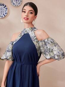 Al Najma Women's Cold Shoulder Patchwork Lantern Sleeve Dress - Blue - View 5