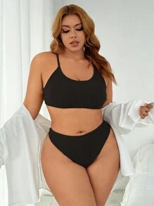 Swim SXY Plus Size Solid Color Textured Bikini Set, Two Pieces Bikini Set Swimwear Bathing Suit Beach Outfit Summer Vacation,Summer Beach - Black - View 2