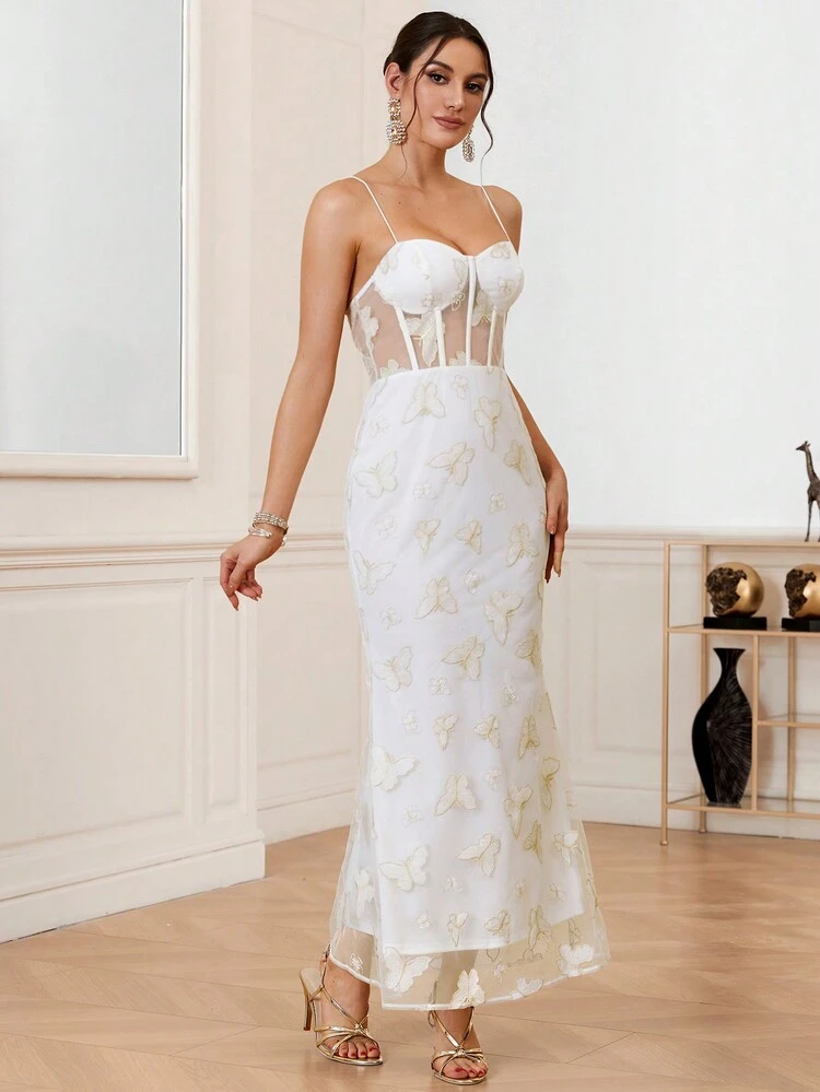 Women's Butterfly Embroidery Mesh Splicing Mermaid Fitted Long Dress With Spaghetti Strap For Cocktail Party
