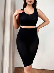 Women's Monochromatic Sculpting Sleeveless Top And Skirt Set - Black - View 1
