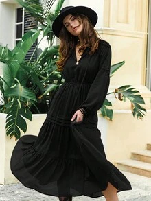 Rusttydustty Chiffon Red V-Neck Tie Waist Elegant Women's Maxi Dress, Casual Natural Bohemian Style Beach Outfit For Music Festival, Tropical Vacation - Black - View 5