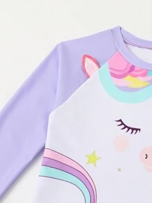 Young Girl's Plain 2 In 1 Top & Long Pants Swimwear Set With Rainbow Star & Cute Cartoon Unicorn Print - Multicolor - View 3