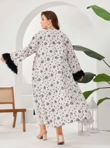 Modelyn Conjunto de 2 piezas de Chaqueta con estampado de flores y flecos y Vestido de unicolor sin mangas talla grande