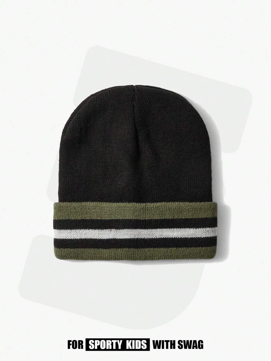 SHEIN 1pc Simple Embroidery Knit Beanie, Versatile - Black - View 1