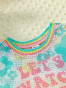 SHEIN 少女夏季新可愛服裝套裝：背心，有空洞&口號印花的網紗背心，休閒短褲 3入組 - 綠色 - 查看 5