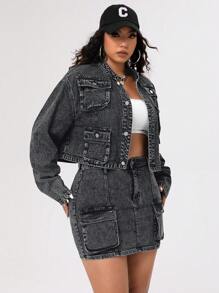 SHEIN ICON Plus Size Women's Multi-Pocket Cropped Denim Jacket