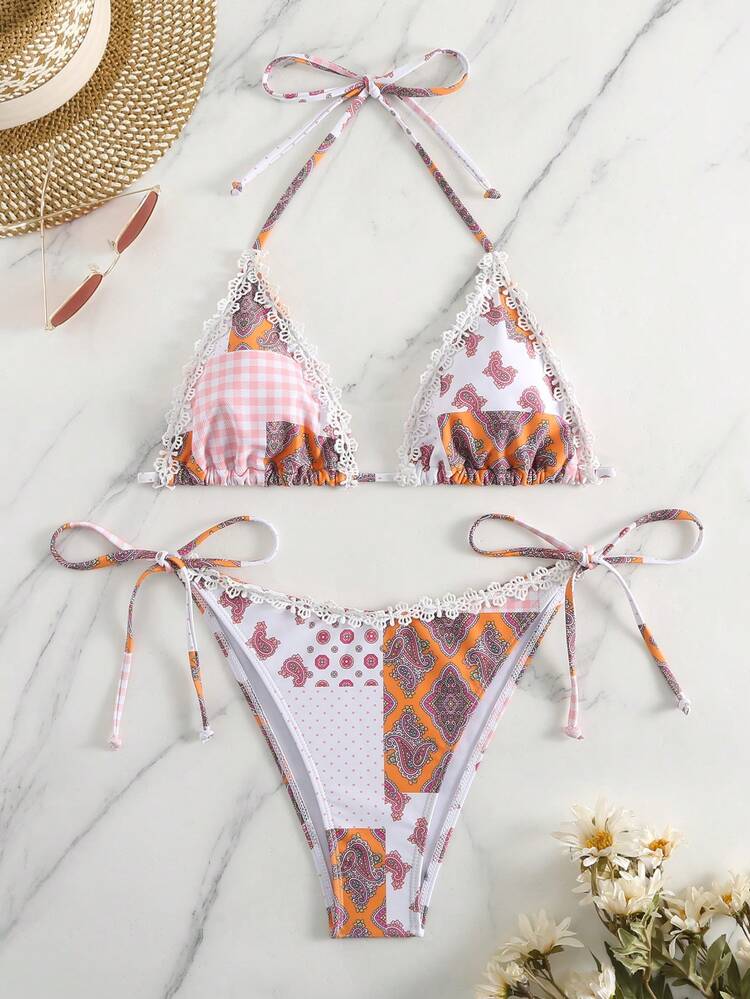 Ladies' Tropical Print Halter Neck Bikini Set Summer