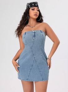 SHEIN ICON Plus Size Strapless Denim Dress - Light Wash - View 1