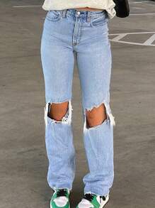American Casual Knee Ripped Women Denim Jeans, All Season - Light Wash - View 5
